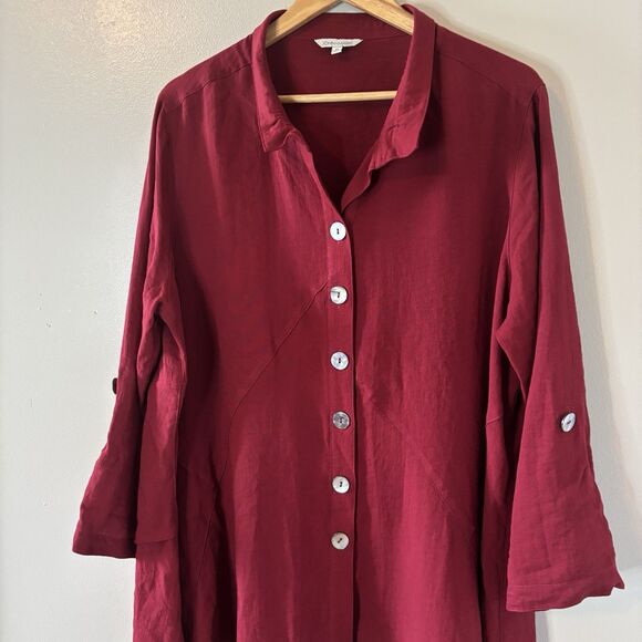 John Mark Red Tunic Top Roll Tab Sleeves Button Up Blouse Sz 1X - Picture 2 of 10